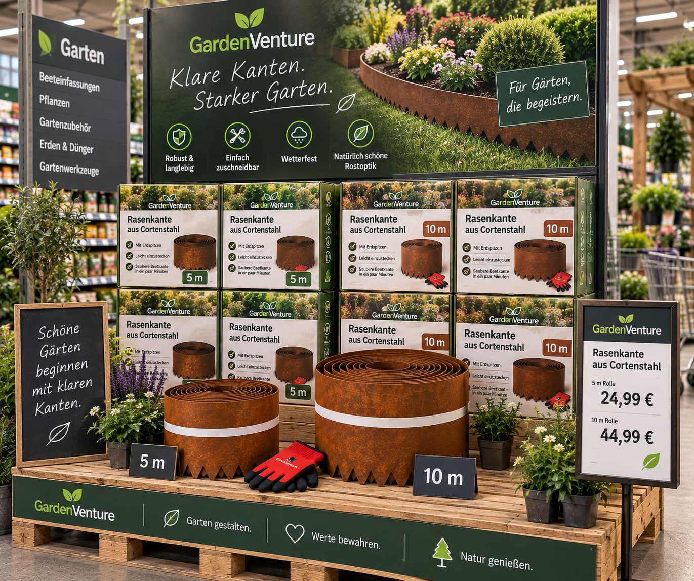GardenVenture Verkaufsdisplay mit 5-Meter- und 10-Meter-Rasenkante aus Cortenstahl