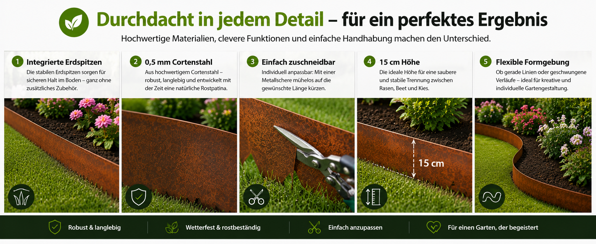 Die Vorteile unserer Rasenkante aus Cortenstahl auf einen Blick