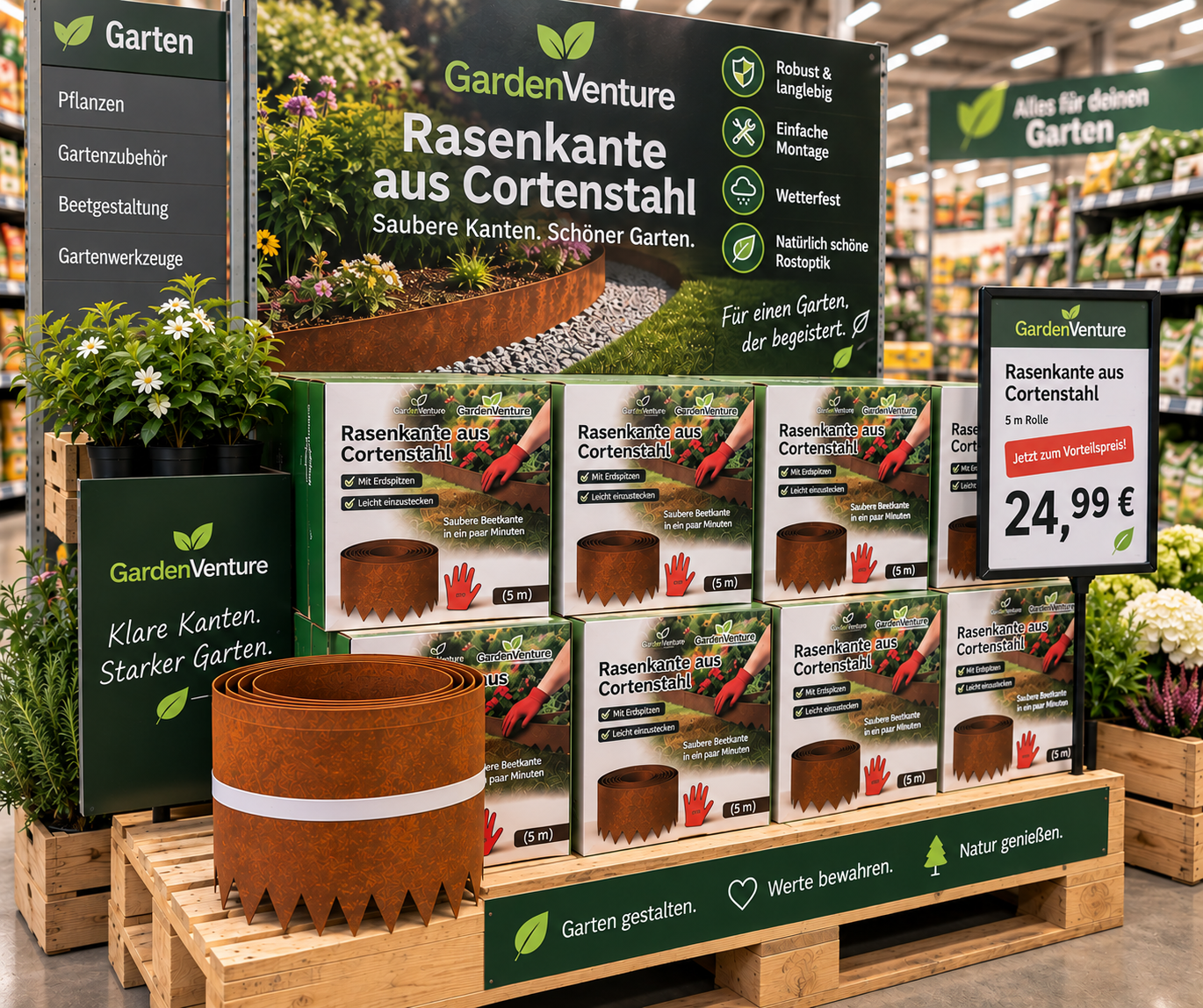 GardenVenture Verkaufsdisplay im Gartencenter mit Rasenkante aus Cortenstahl, 5-Meter-Rolle für 24,99 Euro